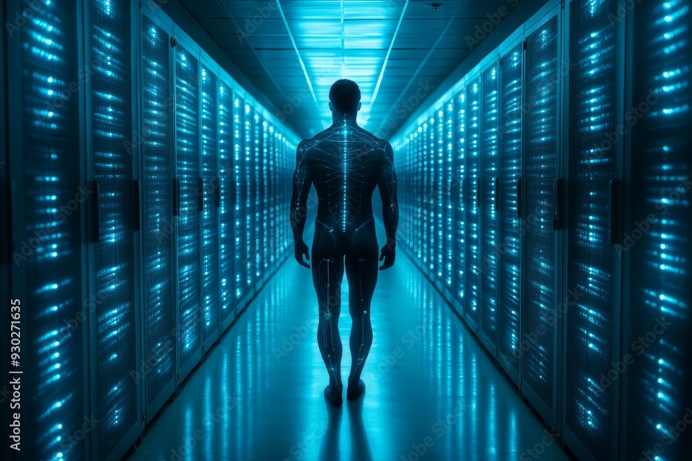Poster man walking towards a cloud gateway in a futuristic server room envisioning the pathway to next gen 