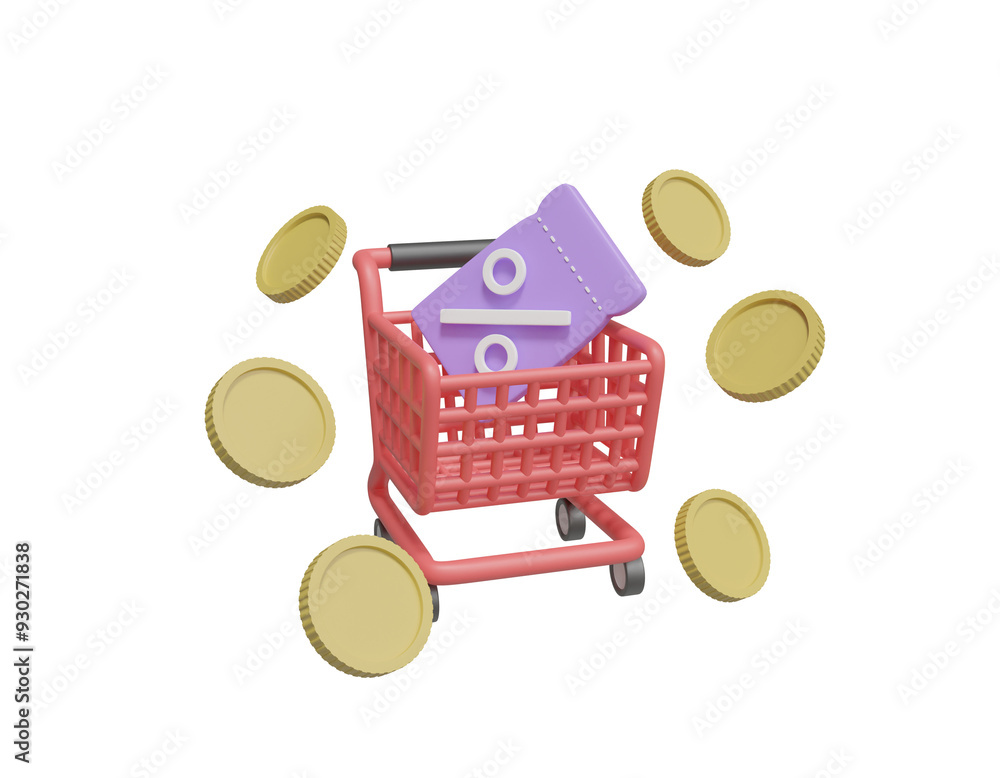 Poster 3d rendering of smart shopping concept: maximize discount in every shopping cart with shopping cart 