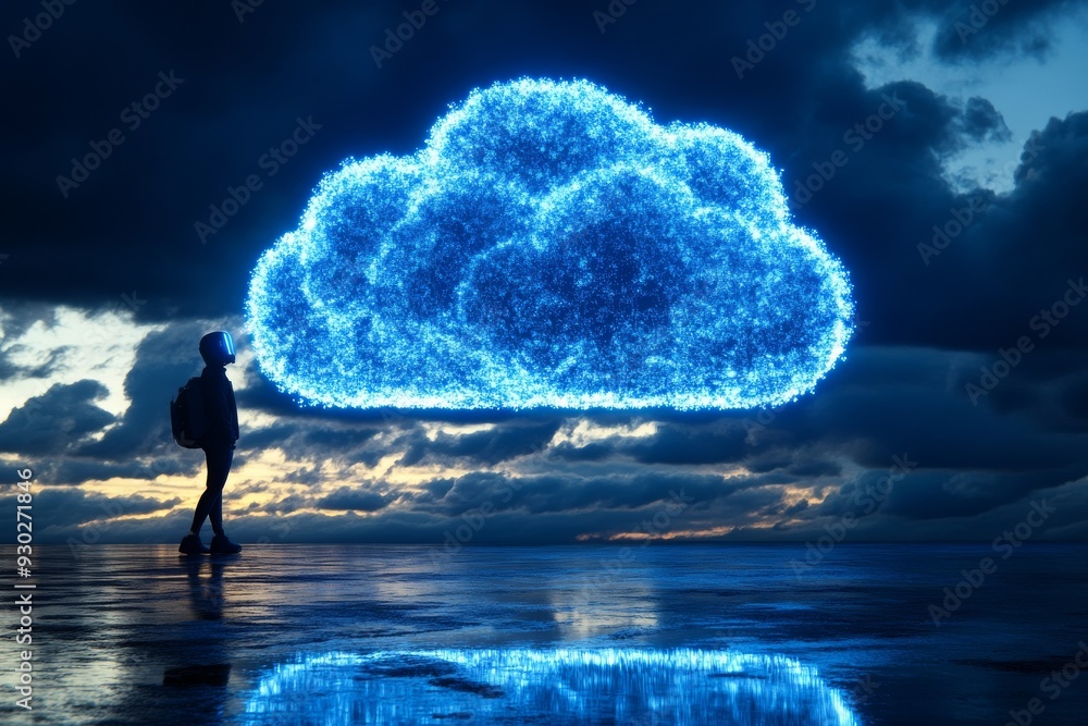 Poster electric storm over digital landscape illustrating dynamic challenges in cloud computing environment