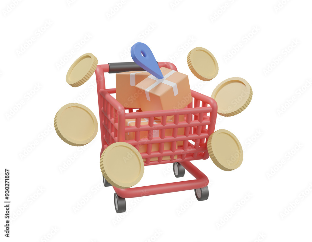 Poster 3d rendering of the seamless shopping concept: from cart to doorstep with shopping cart icon. packag
