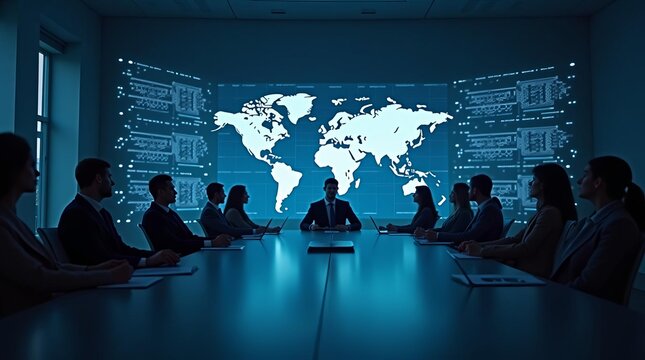 Global Strategy Meeting: International Business Team Analyzing World Map in High-Tech Boardroom - Powered by Adobe