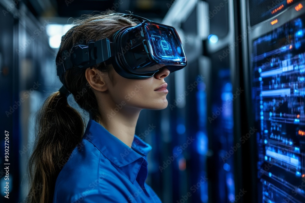 Poster young engineer with vr headset in a server room exploring virtual design and planning tools in archi