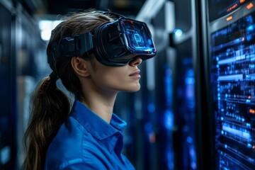 Young engineer with VR headset in a server room exploring virtual design and planning tools in architecture