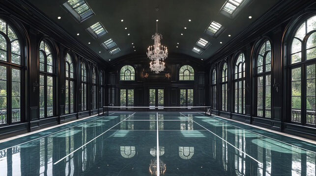 An expensice batminton court in a black huge mansion with french windows