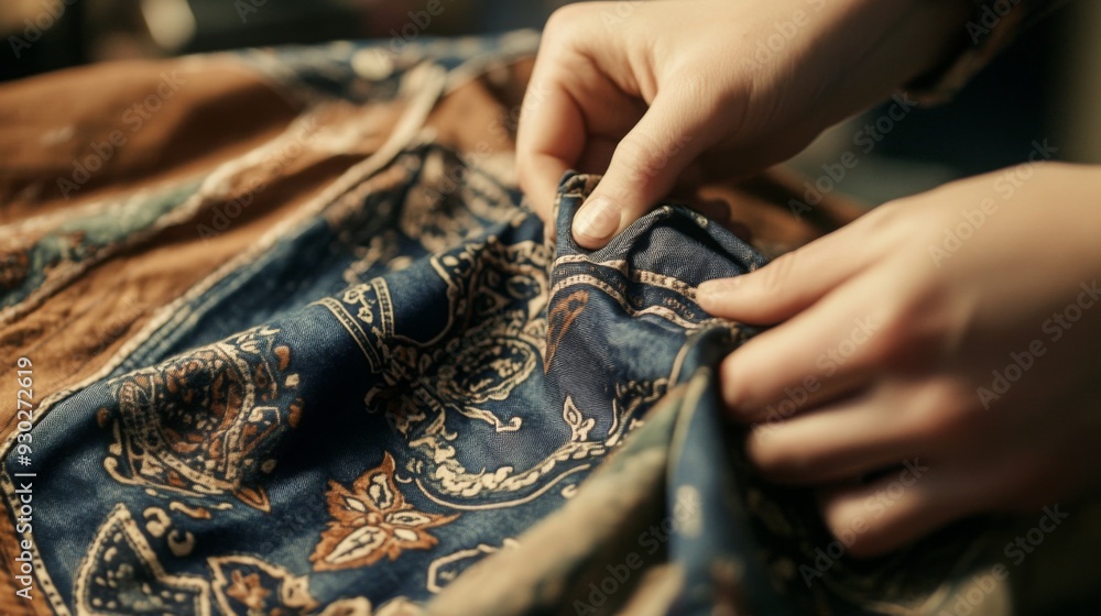 Poster a pair of hands is skillfully working with colorful fabric, focusing on the detailed patterns in a w