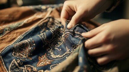 A pair of hands is skillfully working with colorful fabric, focusing on the detailed patterns in a warm workshop atmosphere.