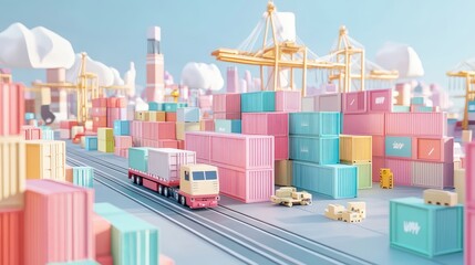 Fototapeta premium 3D render of international cargo hub, import-export logistics, pastel colors and flat design for global trade.