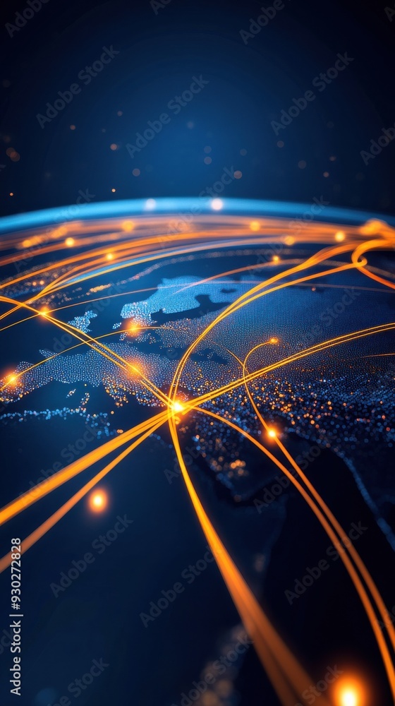 Poster a global map with animated flight paths connecting various cities, emphasizing international travel
