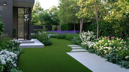 Naklejka premium A curved path of grey pavers meanders through a colorful garden, leading to an old door set in a brick wall, all framed by a bright green lawn and wooden fencing