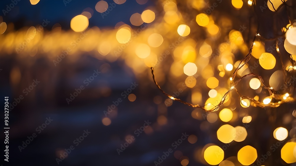 Poster sunset-themed blurring bokeh light with yellow string lights