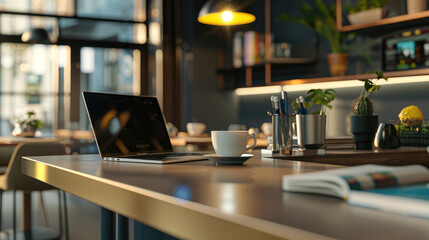 Fototapeta premium Modern and comfortable workplace on a cafe counter bar, featuring a laptop, coffee, and stylish accessories, perfect for working on the go