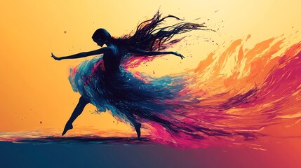 Silhouette of a Woman Dancing in a Flow of Colors