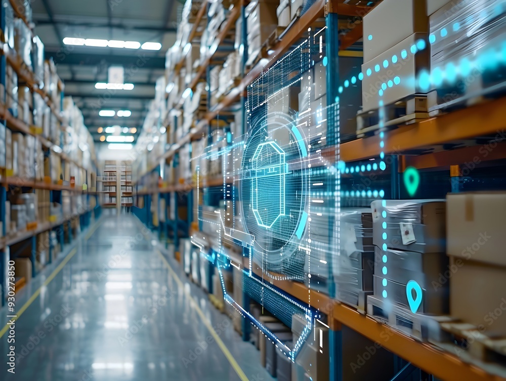 Poster high tech logistics center with smart sensors tracking real time inventory and efficiency