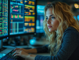 Close-up of a focused woman typing on a keyboard, with multiple computer monitors displaying financial data in a trading office