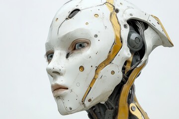 Cyber warrior with heart light representing the convergence of human emotions and robotic enhancements in a dystopian setting