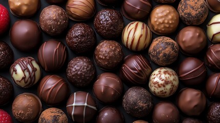 Obraz premium A closeup of chocolate truffles arranged in a geometric pattern, with different textures and finishes, Chocolate truffle art, decadent and sophisticated