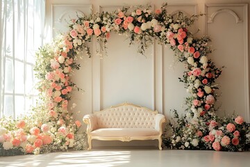 Backdrop wedding with sofa and flowers generative AI