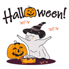 Halloween greeting card or postcard design with ghost character and pumpkin jack o lantern, vector illustration. Banner or poster template for Halloween cards.