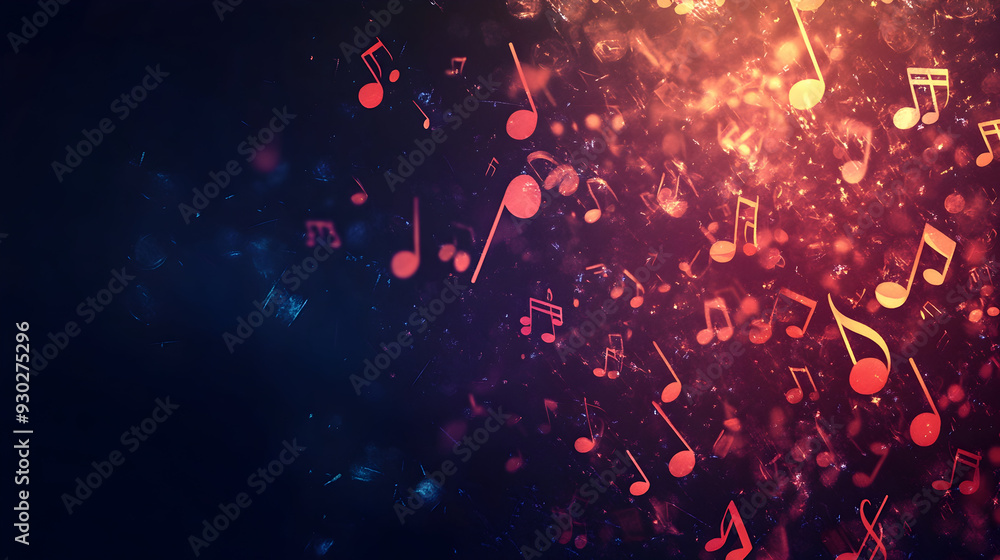 Poster abstract dark background featuring music notes and symbols, creating a melodic composition suitable 