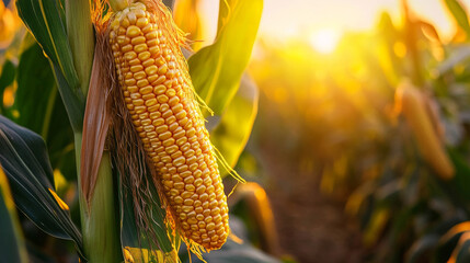 Corn cobs growing in a cornfield with a sunrise in the background. The scene captures the early morning light illuminating the corn plants, highlighting the lush green field and the golden hues.