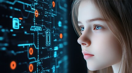 A woman gazes intently at glowing data and security icons on a screen, set against a backdrop of warm and cool hues in a modern setting