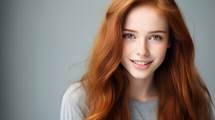 Naklejka premium Portrait of a smiling cheerful teenage girl with long red hair and perfect skin, gray background, banner.