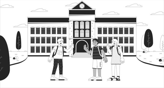 Meeting with school friends black and white line illustration. Hi waving schoolkids diverse schoolmates 2D characters monochrome background. First day of school schoolyard outline vector image - Powered by Adobe