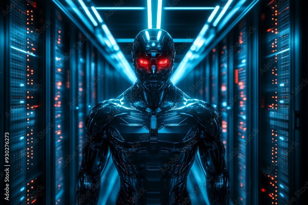 Poster cybernetic figure in blue digital world symbolizing the integration of ai into virtual reality syste
