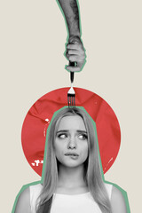Creative drawing collage picture of nervous young female eating disorder fork head mental health...