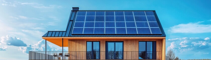 Fototapeta premium Modern home with solar panels against a clear blue sky, showcasing sustainable living and renewable energy solutions.