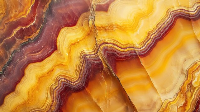 Macro shot of polished mookaite displaying rich yellow and maroon bands.
