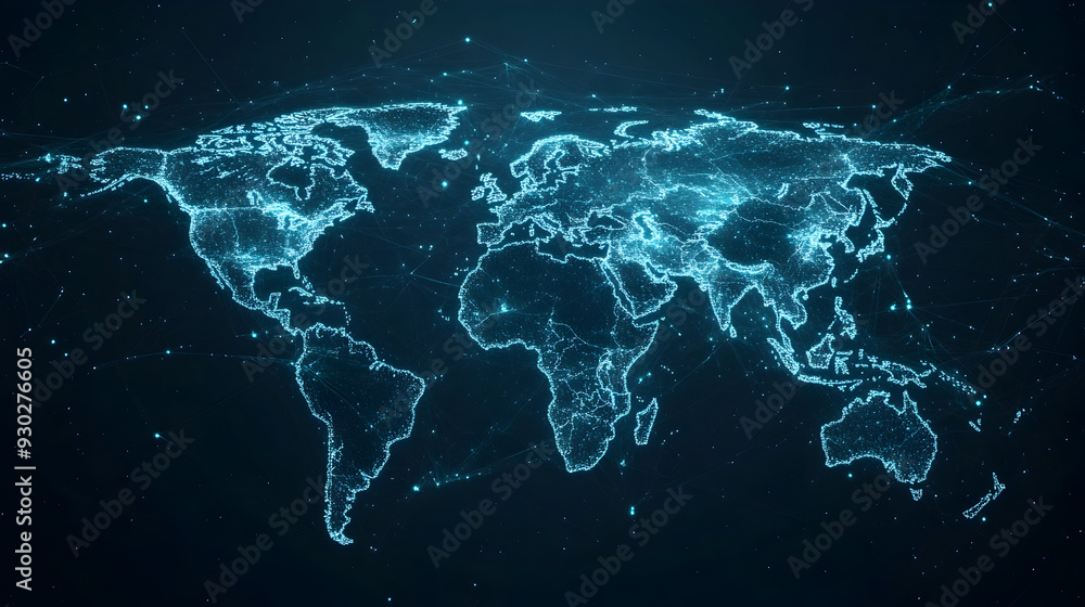 Poster abstract world map representing global connectivity and network, highlighting international data tra