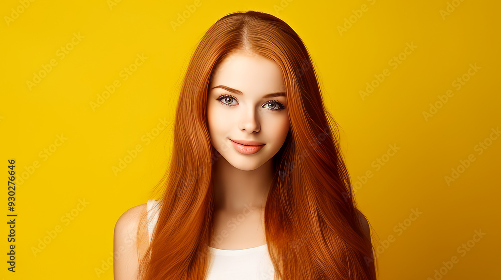 Wall mural Portrait of a smiling cheerful teenage girl with long red hair and perfect skin, yellow background, banner.