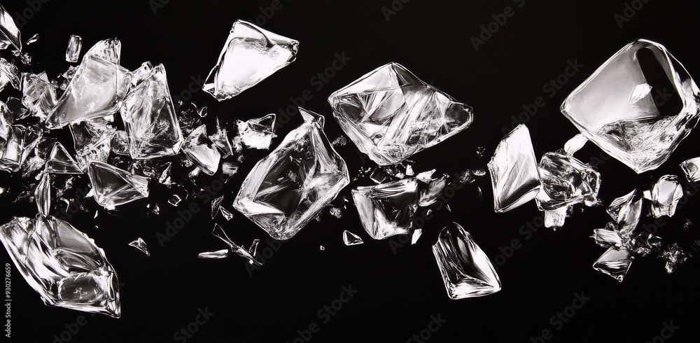 Poster the image shows fragments of broken glass exploding in the air against a dark background in motion a