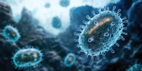 Monkeypox virus illustration depicting viral structure and characteristics under microscopic view