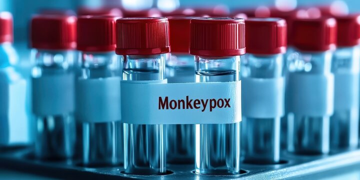 Medical test tubes labeled for monkeypox virus analysis in a laboratory setting