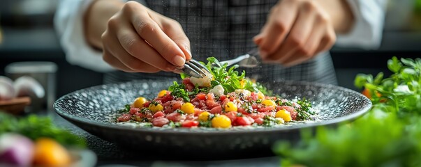 A food blogger styling a dish for a photoshoot, carefully arranging garnishes and props to create the perfect shot, Food styling for blogging, artistic and detailed