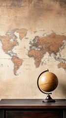 A detailed world map, with a vintage globe placed next to it, evoking a sense of exploration and adventure