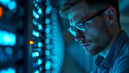 A close-up of a man intensely working in a futuristic server room, with soft blue lights reflecting off her face and glasses, emphasizing the high-tech environment.