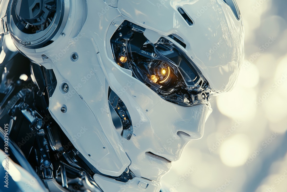 Poster high tech robot with detailed facial features showcasing the advancements in realistic robotic desig