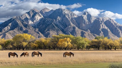 Three horses graze on green grasslands surrounded by mountains, under a bright blue sky and fluffy clouds, creating a serene western ranch atmosphere