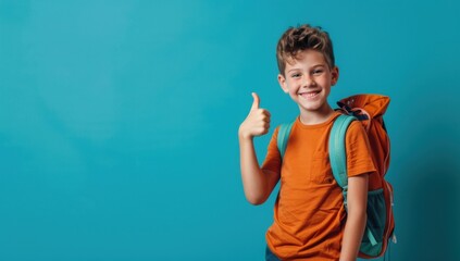 Schoolboy with backpack giving thumbs up, blue background, high resolution, detailed.
