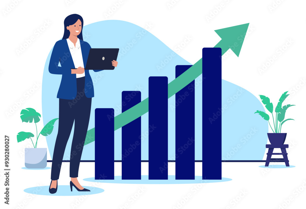 Fototapete successful businesswoman - smiling business person character standing in front of rising chart diagr