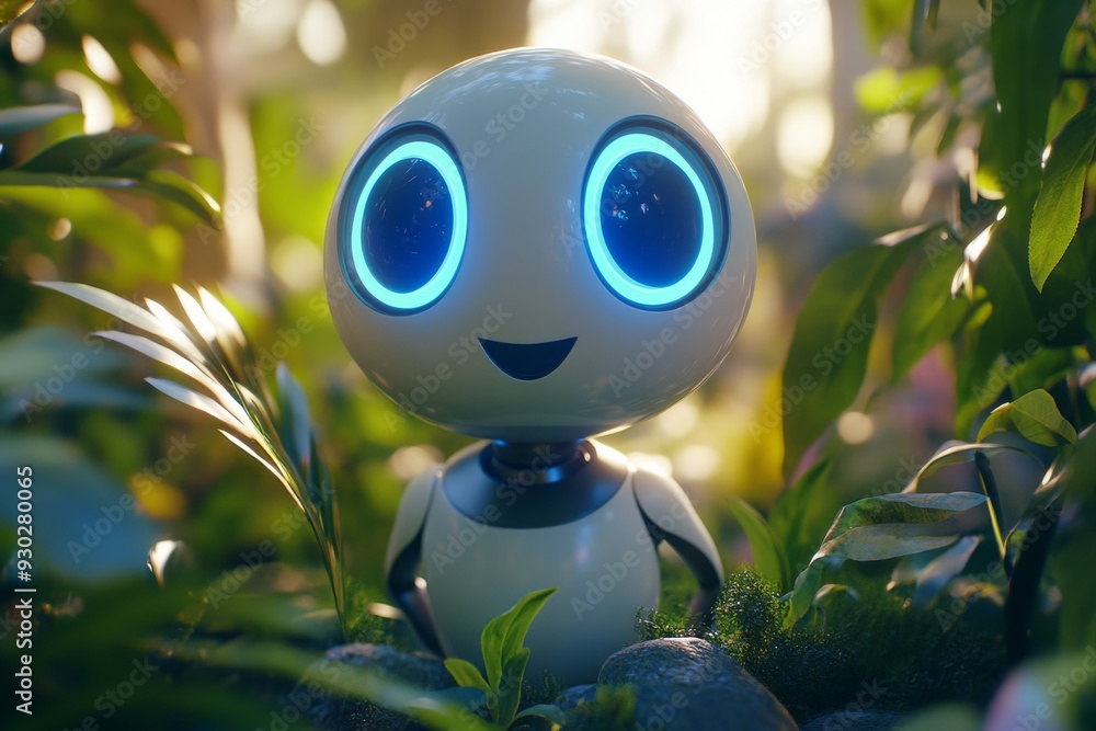 Poster cute robot explores a garden showcasing the integration of robotics in environmental monitoring and 