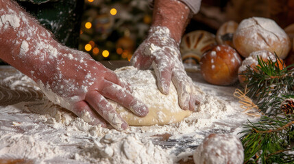 Fototapeta premium Hands kneading dough on a floured surface, capturing the process of bread making from scratch