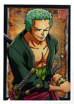 Hamburg, Germany - 02052023: photo of the English one piece panini trading game card Lorenor Zorro 11 from the epic journey set on white background.