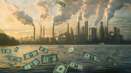 An industrial landscape with factories emitting thick smoke stands in contrast with a sea of floating dollar bills, highlighting themes of pollution and capitalism.