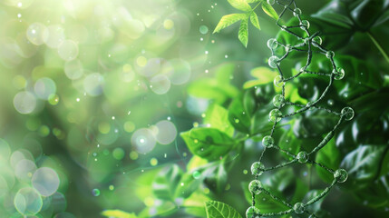 Plant leaves with a visible DNA helix and molecular structures on a green background, illustrating biochemistry in nature