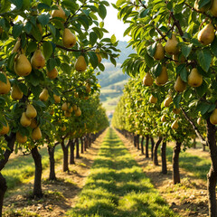 Fototapeta premium Orchard with Rows of Pear Trees on a Sunny Day