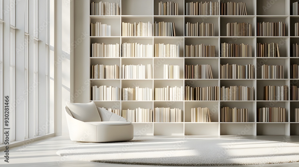 Poster serene and inviting minimalist library with empty bookshelf wall